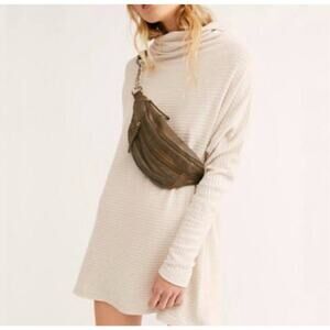 Free People Kitty Long‎ Sleeve Waffle Knit Funnel Neck Beige Slouchy Tunic Top S
